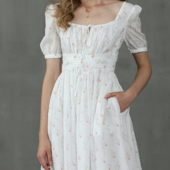 Dresses & Skirts - floral linen dress, daisy linen dress, white linen dress, princess linen dress |